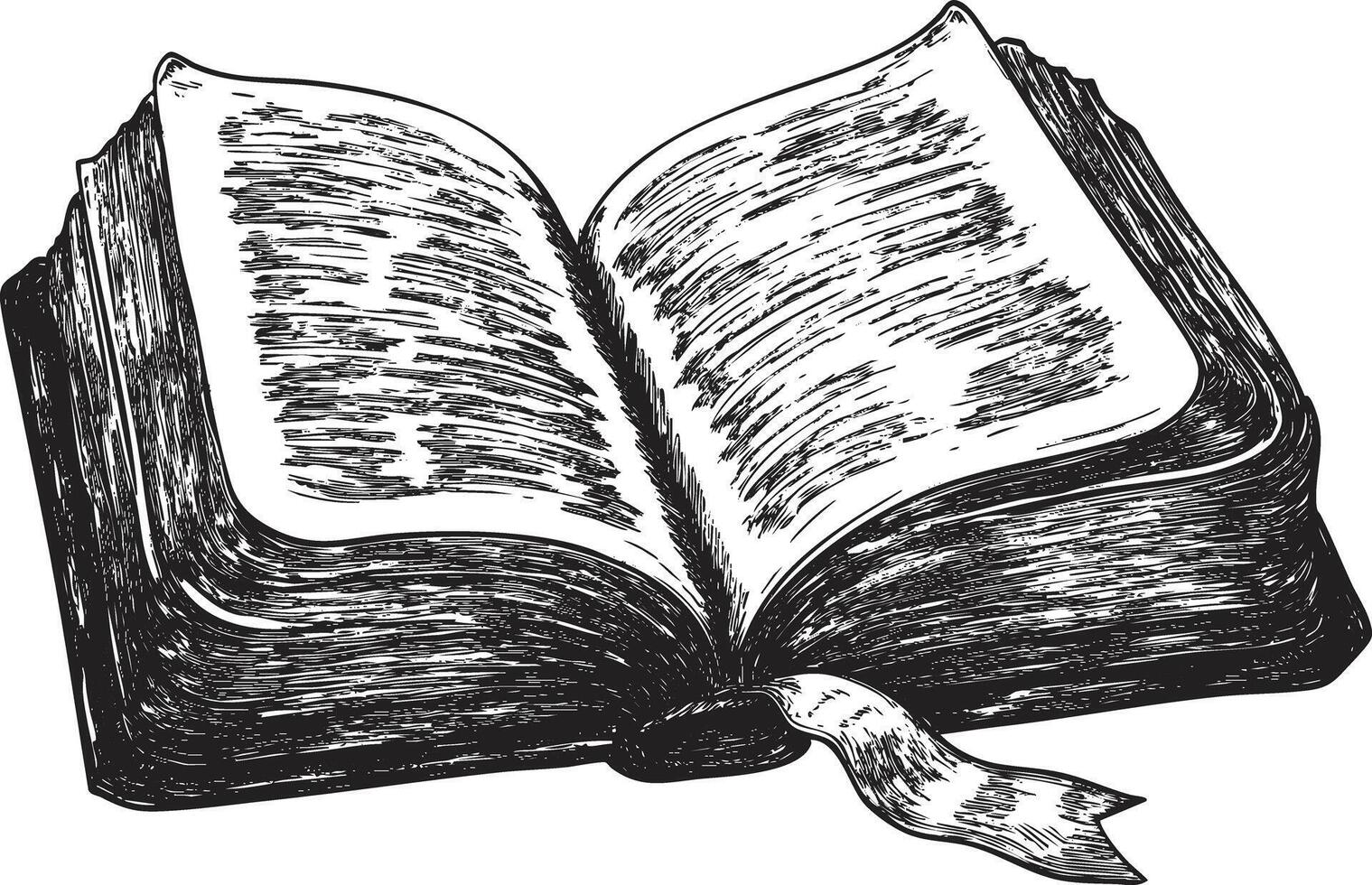 Hand-drawn illustration of an open book with visible pages. vector