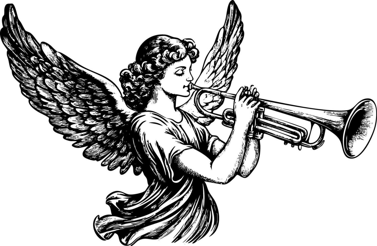Illustration of an angel playing a trumpet with detailed wings. vector