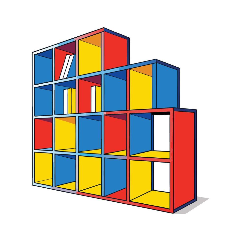 Stylish modular bookshelf featuring colorful cubbies vector