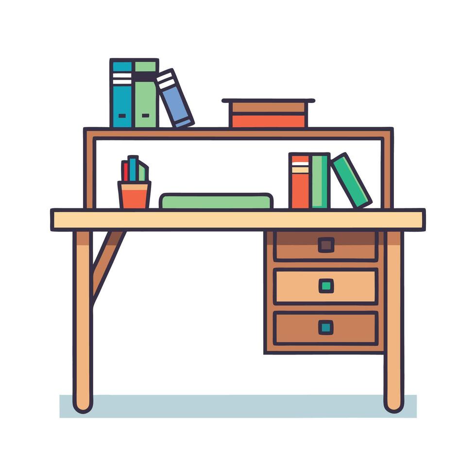 Chic minimalist wooden desk featuring an integrated shelf vector
