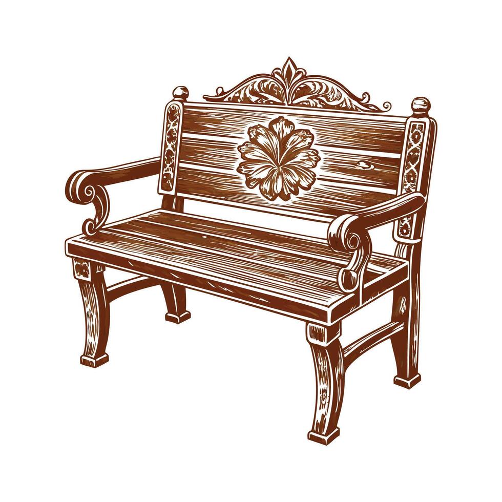 Chic wooden bench with carved backrest vector