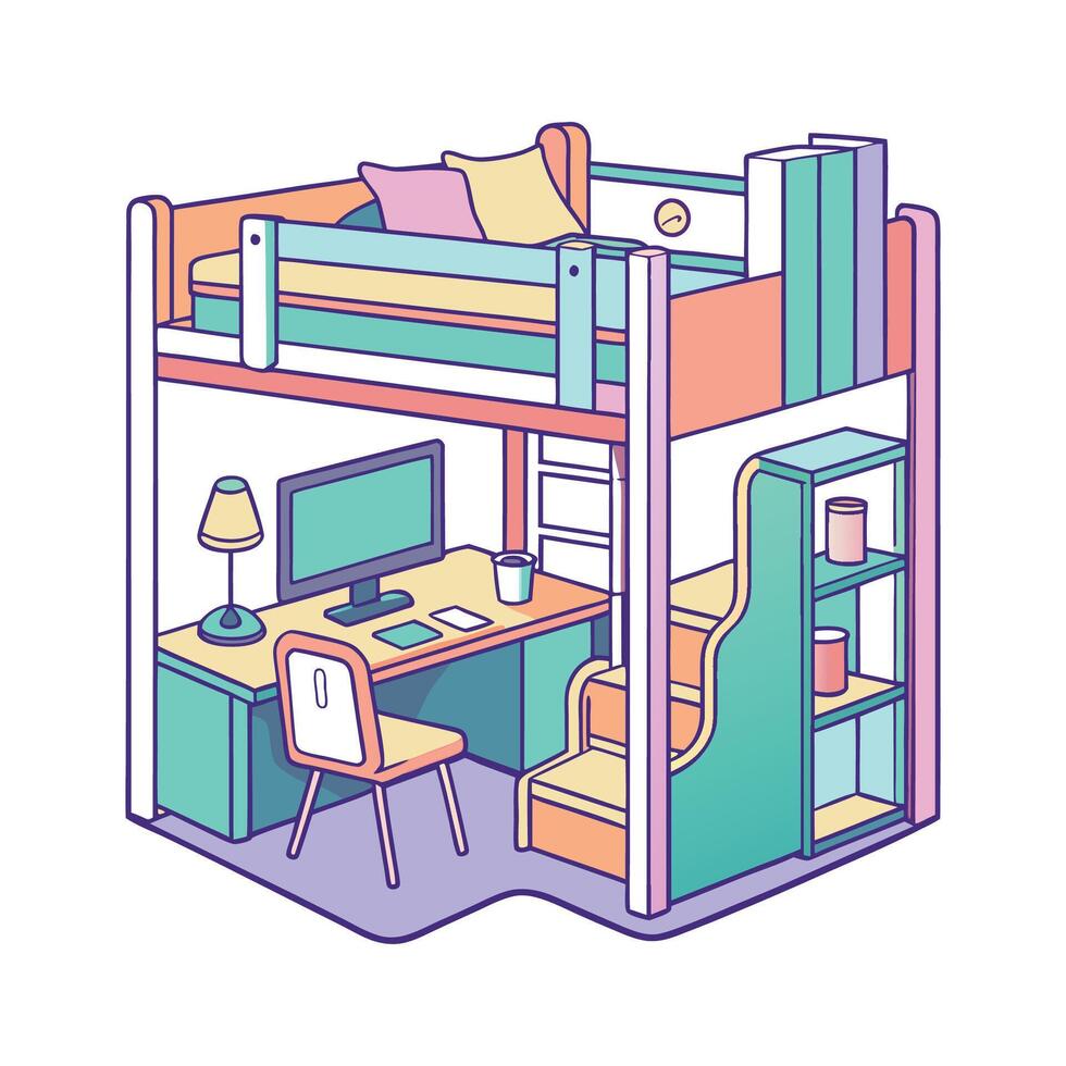 Chic bunk bed featuring integrated study desk vector