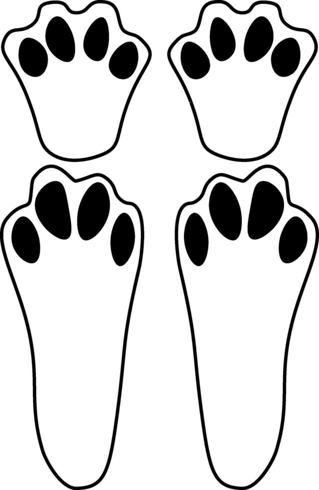 rabbit footprint - print able compare animals paws and silluhouets. graphic line illustration on transparent background vector