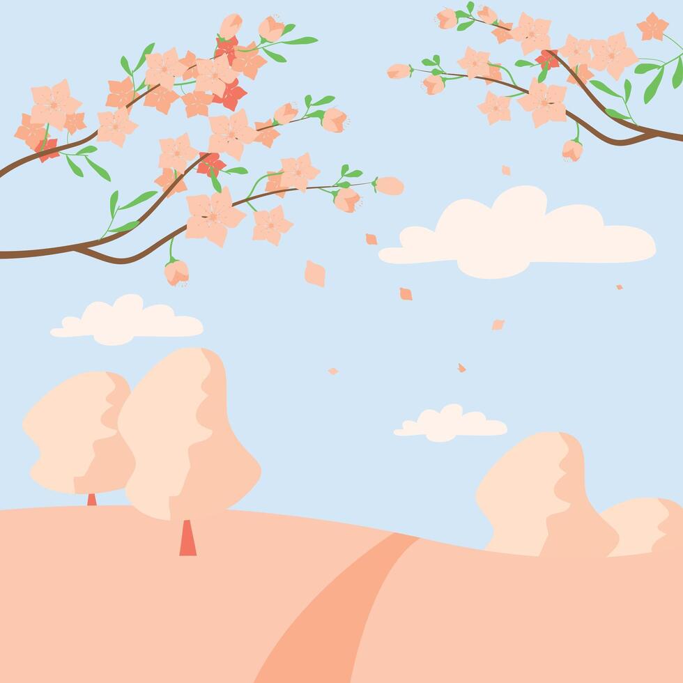 Hello spring. A landscape of cherry blossoms. A illustration of a pink background full of cherry blossom petals. vector
