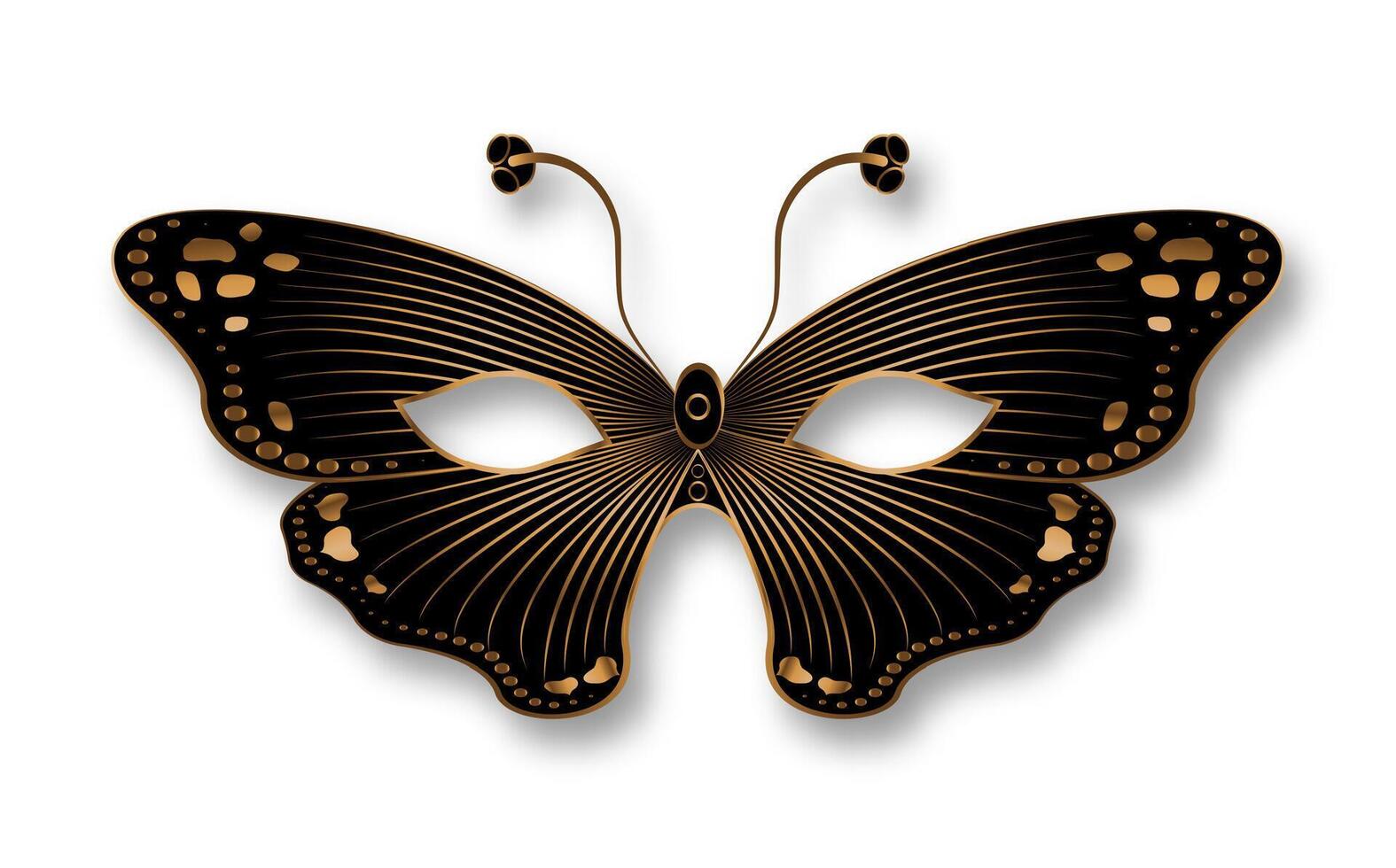 Luxury Venetian Butterfly mask with gold embroidery. Stylish Masquerade Party. Mardi Gras card invitation. Night Party Poster. Dance Flyer. Musical festival banner templates. isolated vector