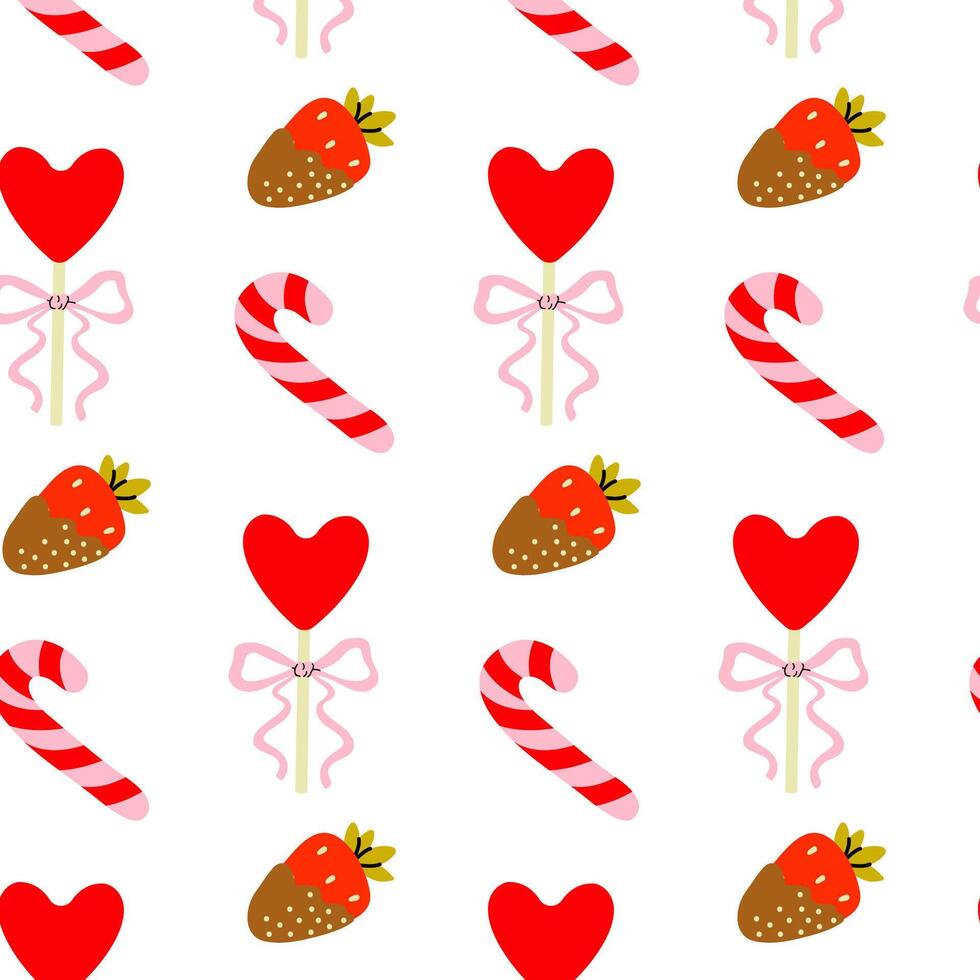 Colorful pattern with hearts, strawberries, and candy canes on a white background vector