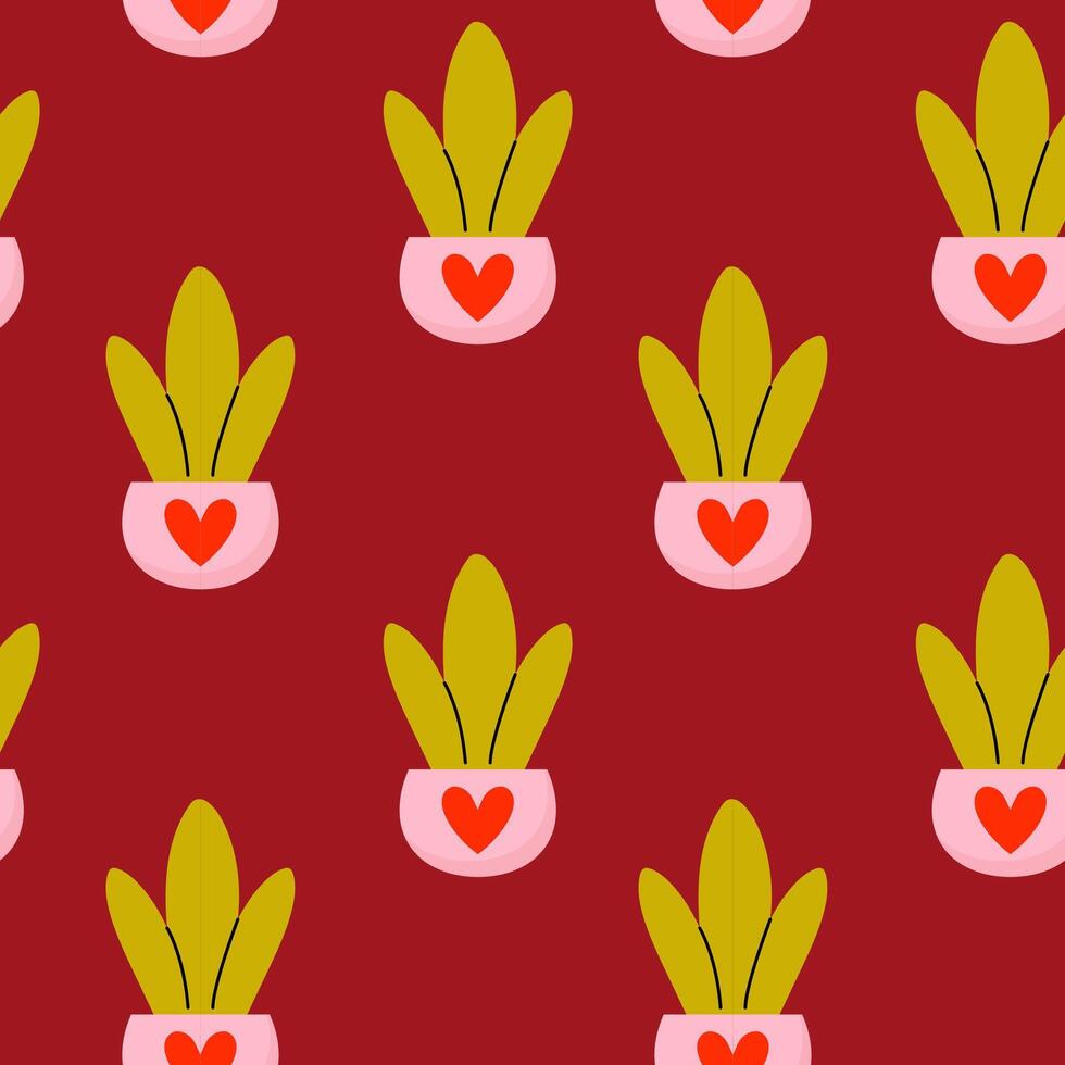 Colorful pattern featuring heart-shaped plant pots on a deep red background vector