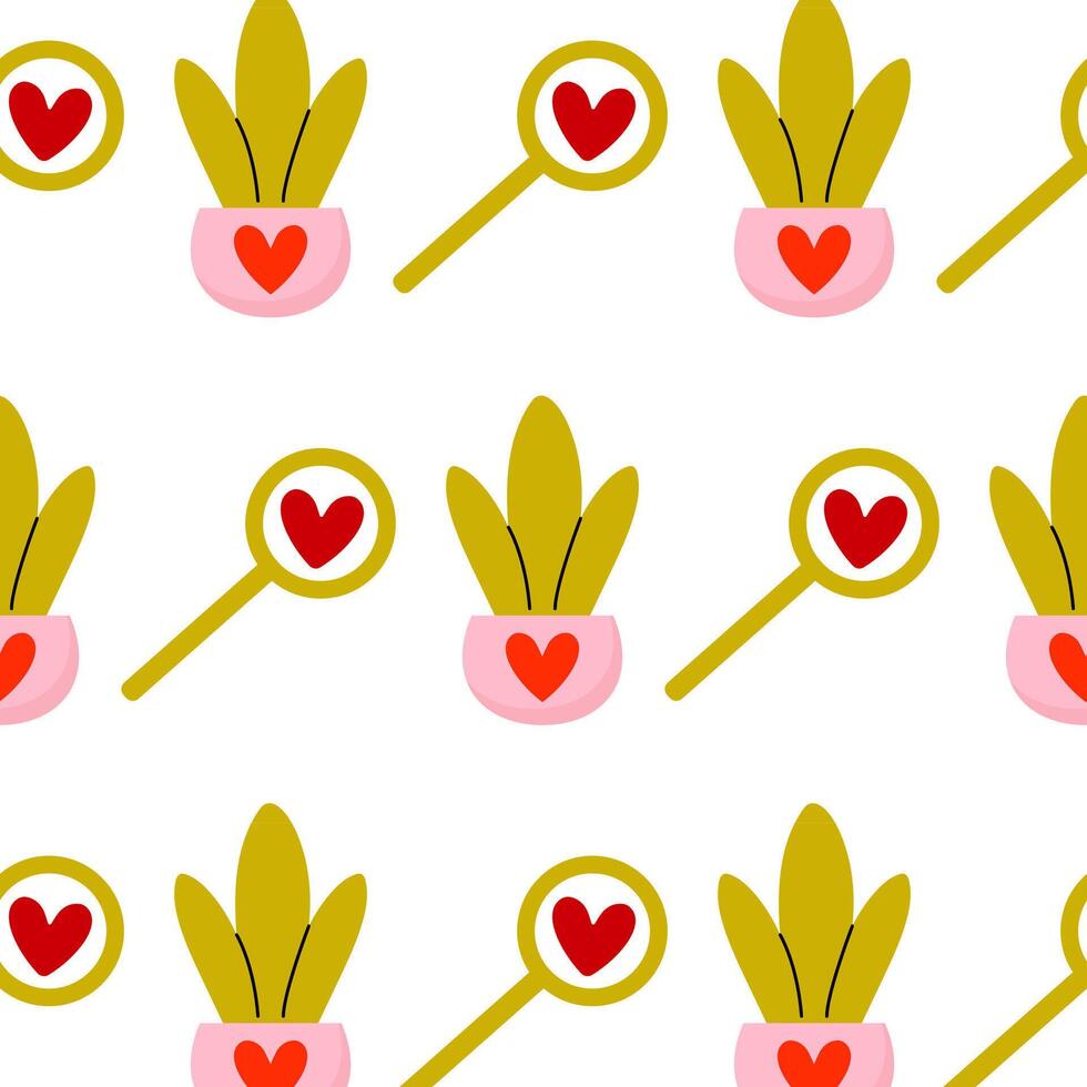 Playful pattern featuring plants and magnifying glasses with hearts in a cheerful design vector
