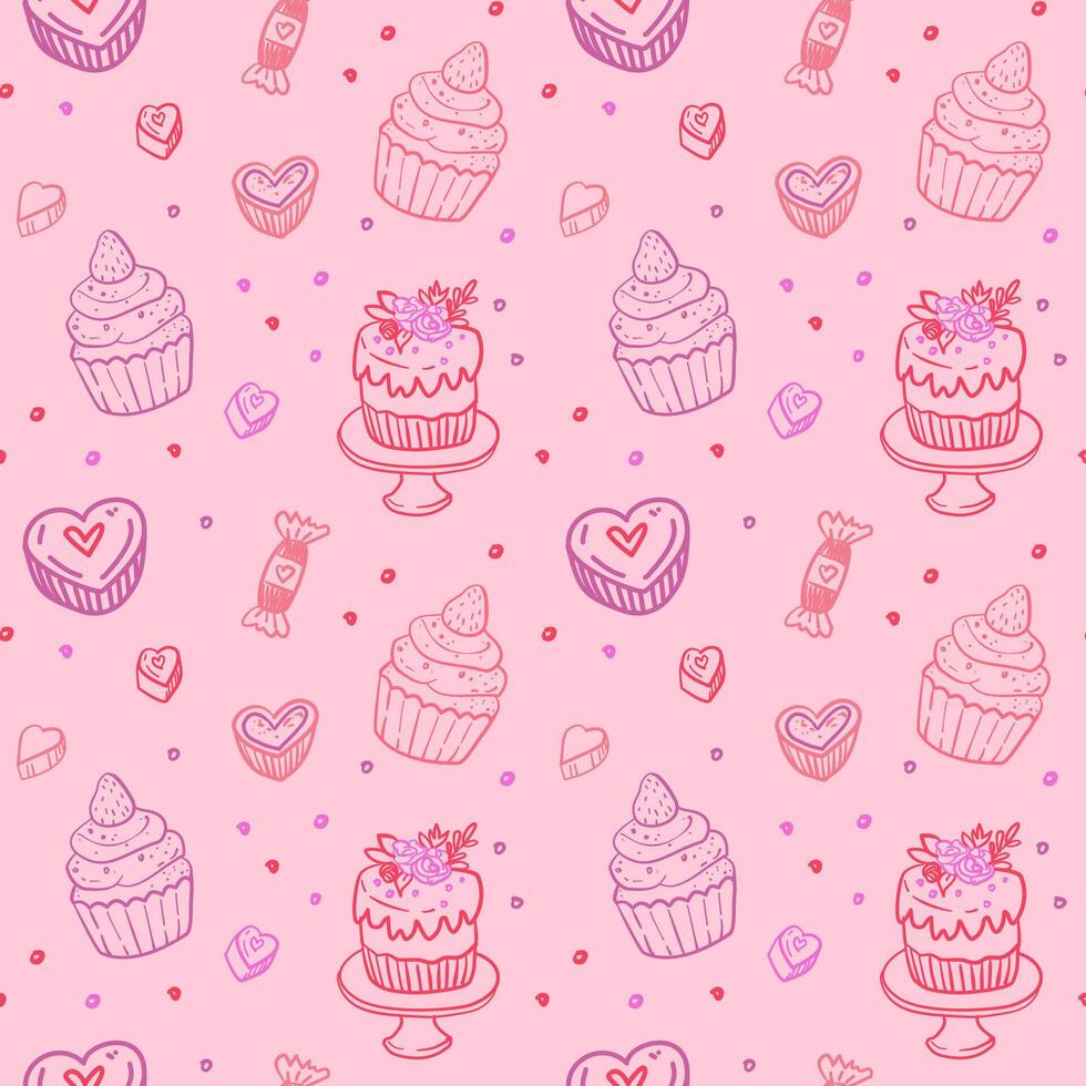 Pink Dessert Pattern with Cakes and Hearts vector