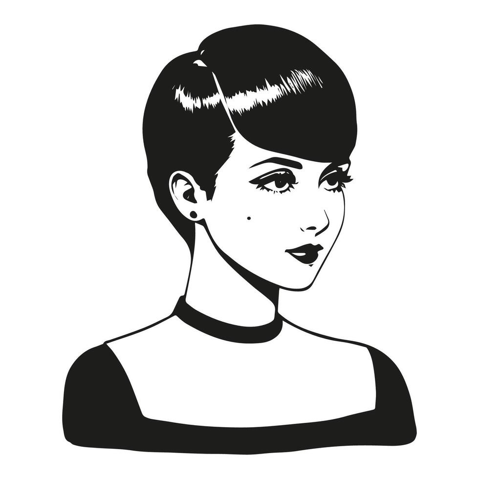 Beautiful young woman with retro haircut. Trendy short hair. Hand drawn black and white illustration. vector