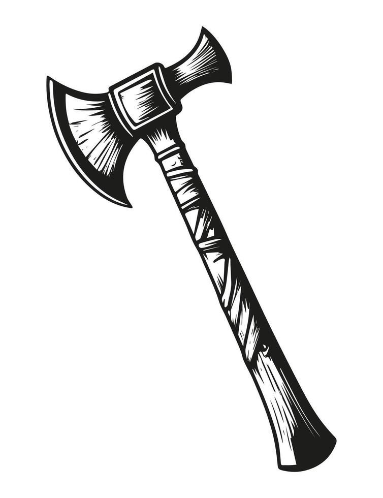 Hand drawn viking battle axe. Black and white illustration. vector
