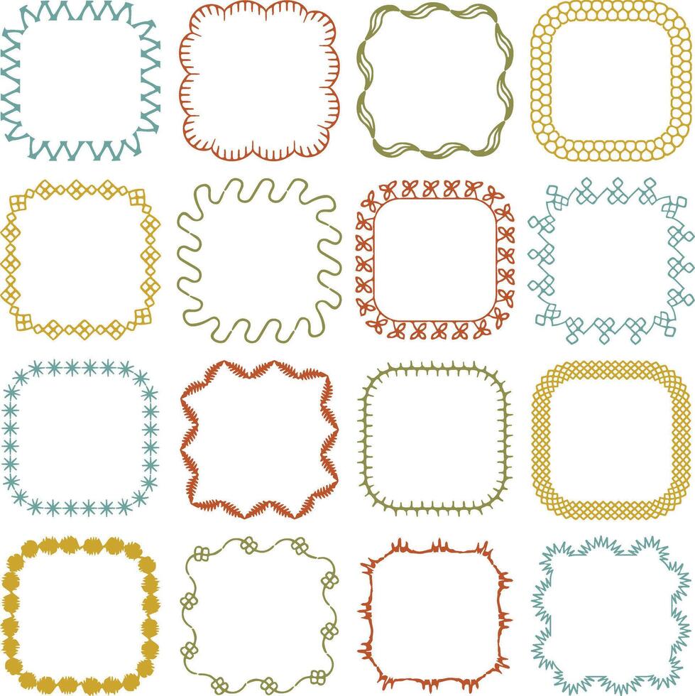 hand drawn vintage colors embroidery stitch square frames vector