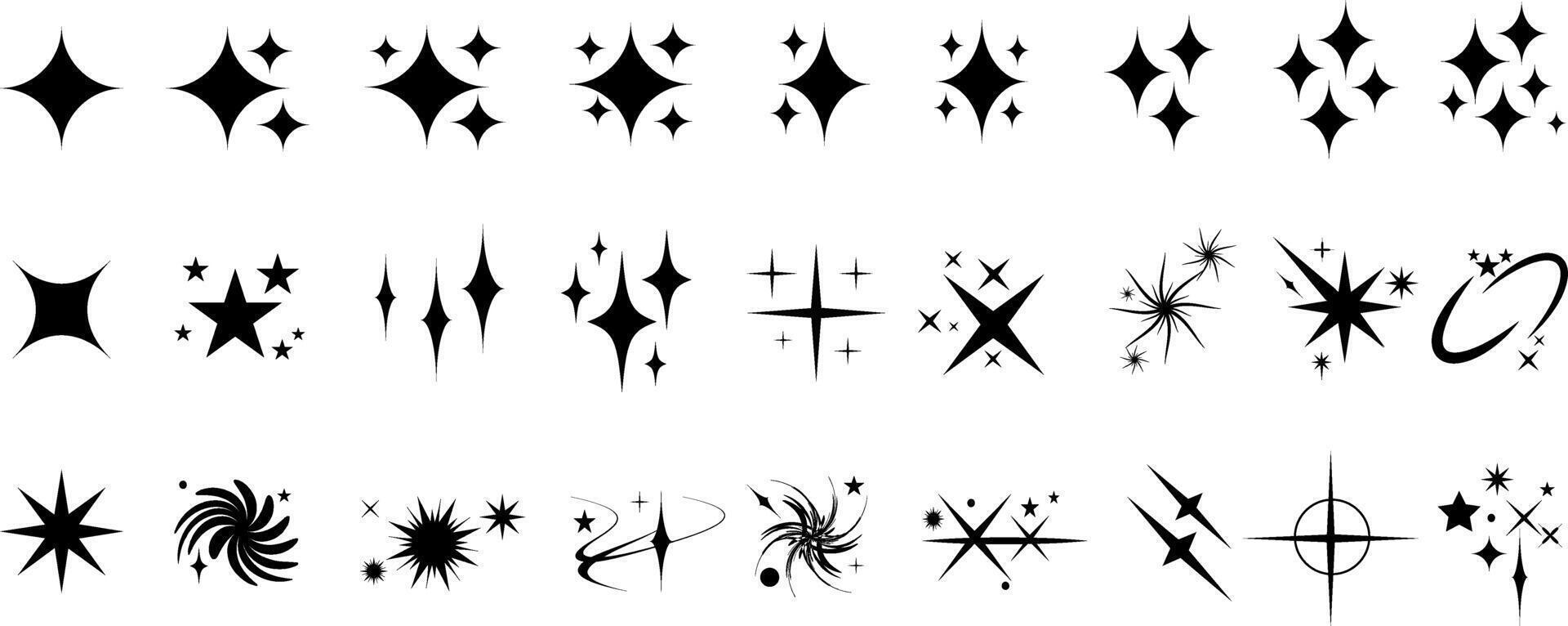 Shine icon set. Various clean stars in black color on white background. Sparkle star icons design vector