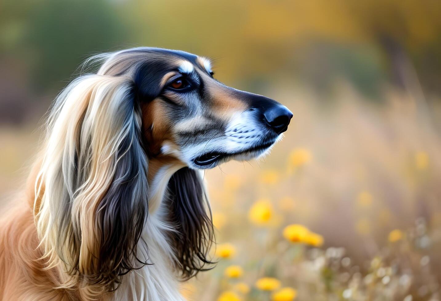 A dog with long hair standing in a field photo