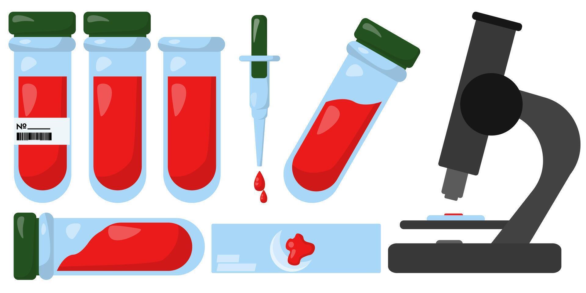 Set of test tubes and microscope for blood analysis, equipment for laboratory research vector