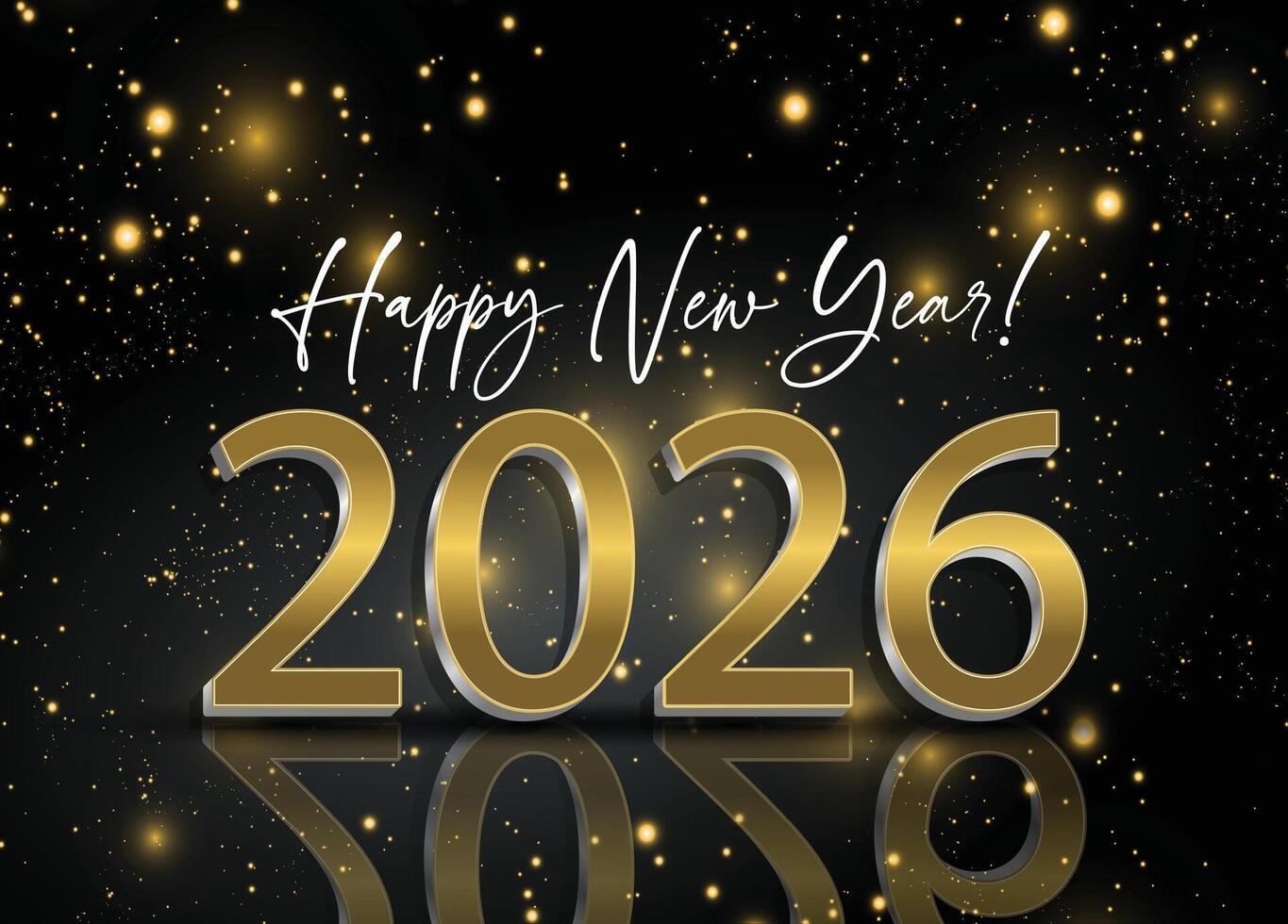 2026 New Year celebrate card featuring shimmering golden glitter on a black backdrop. vector