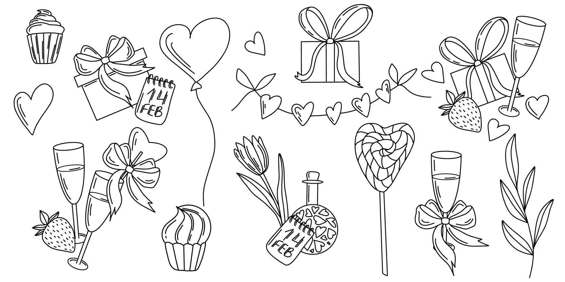Hand drawn Valentines Day set with gifts, flowers, hearts, champagne glasses, cupcakes, and romantic detail. doodle art in outline style. Ideal for coloring, print, card, stationery, decoration vector