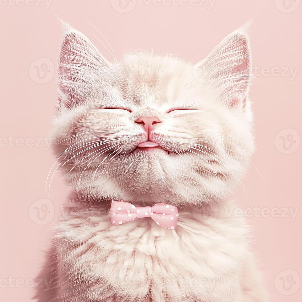 Happy fluffy kitten with a pink bow tie against a soft pink background creating an adorable atmosphere photo
