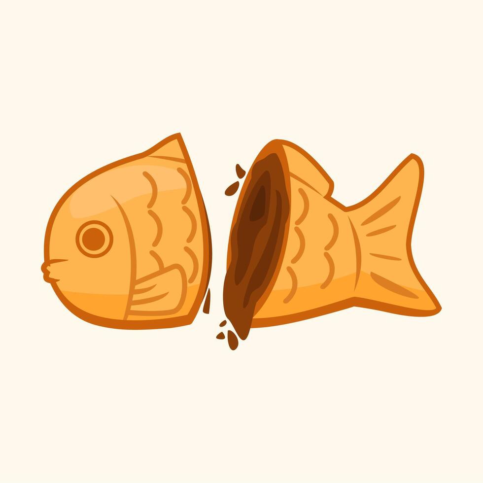 Slice Taiyaki or bungeoppang With Red Bean, fish shaped bread cake. Japanese and korean Street Food Illustration vector