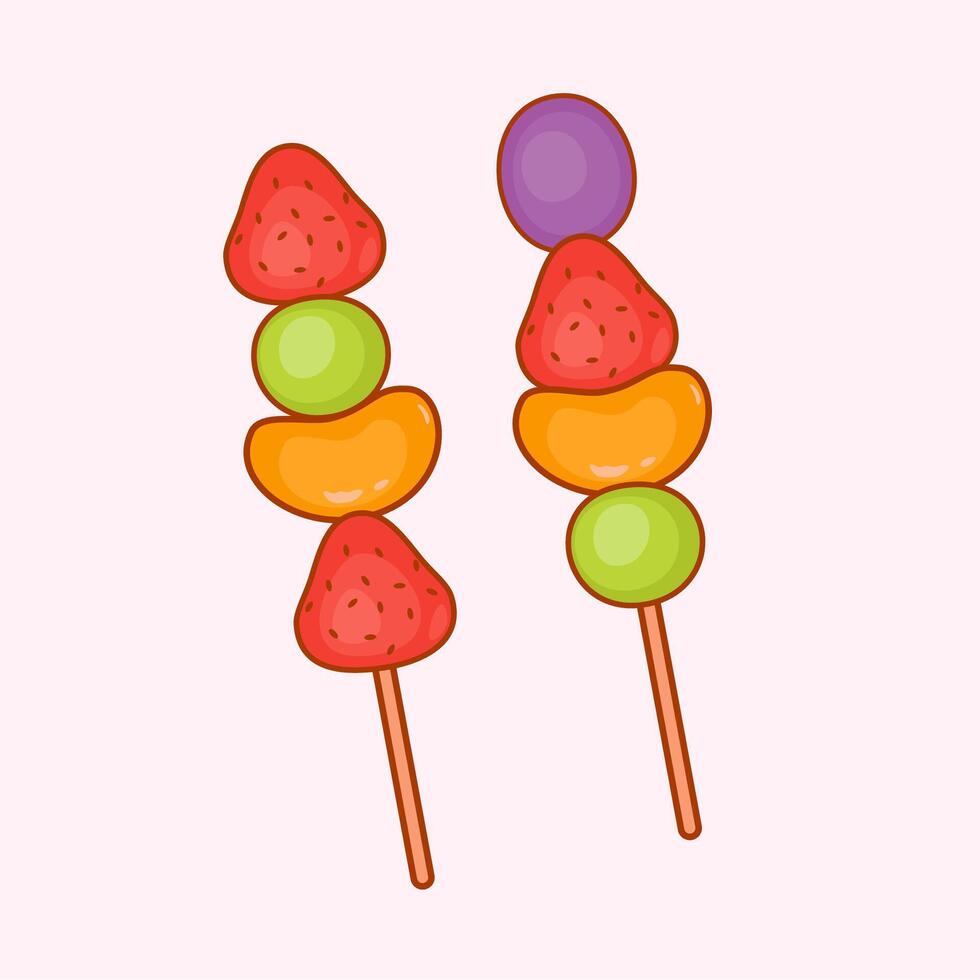 Mix Tanghulu Fruit Coated in Sugar Syrup. Asian Street Food. Strawberry, Orange, Grape, Kiwi, Muscat Tanghulu vector