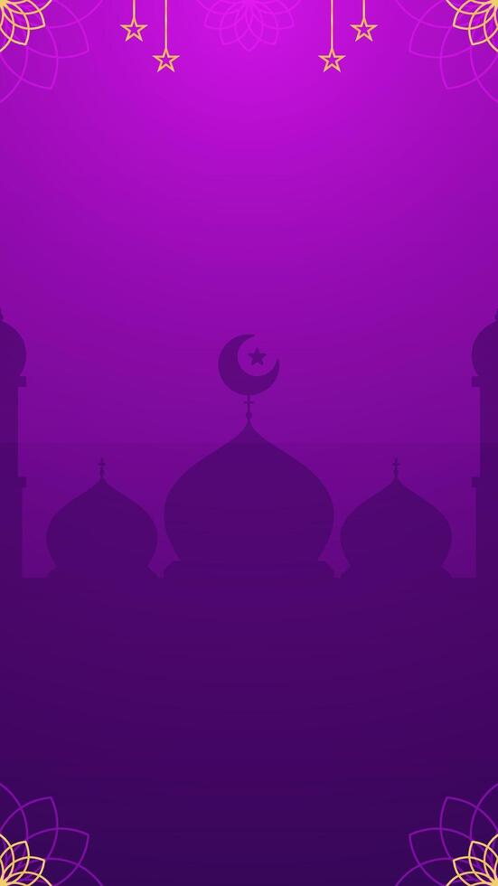Simple Dark Violet Gradient Purple Islamic Vertical Background Decorated with Mosque Silhouette Golden Stars And Ornaments Decoration vector