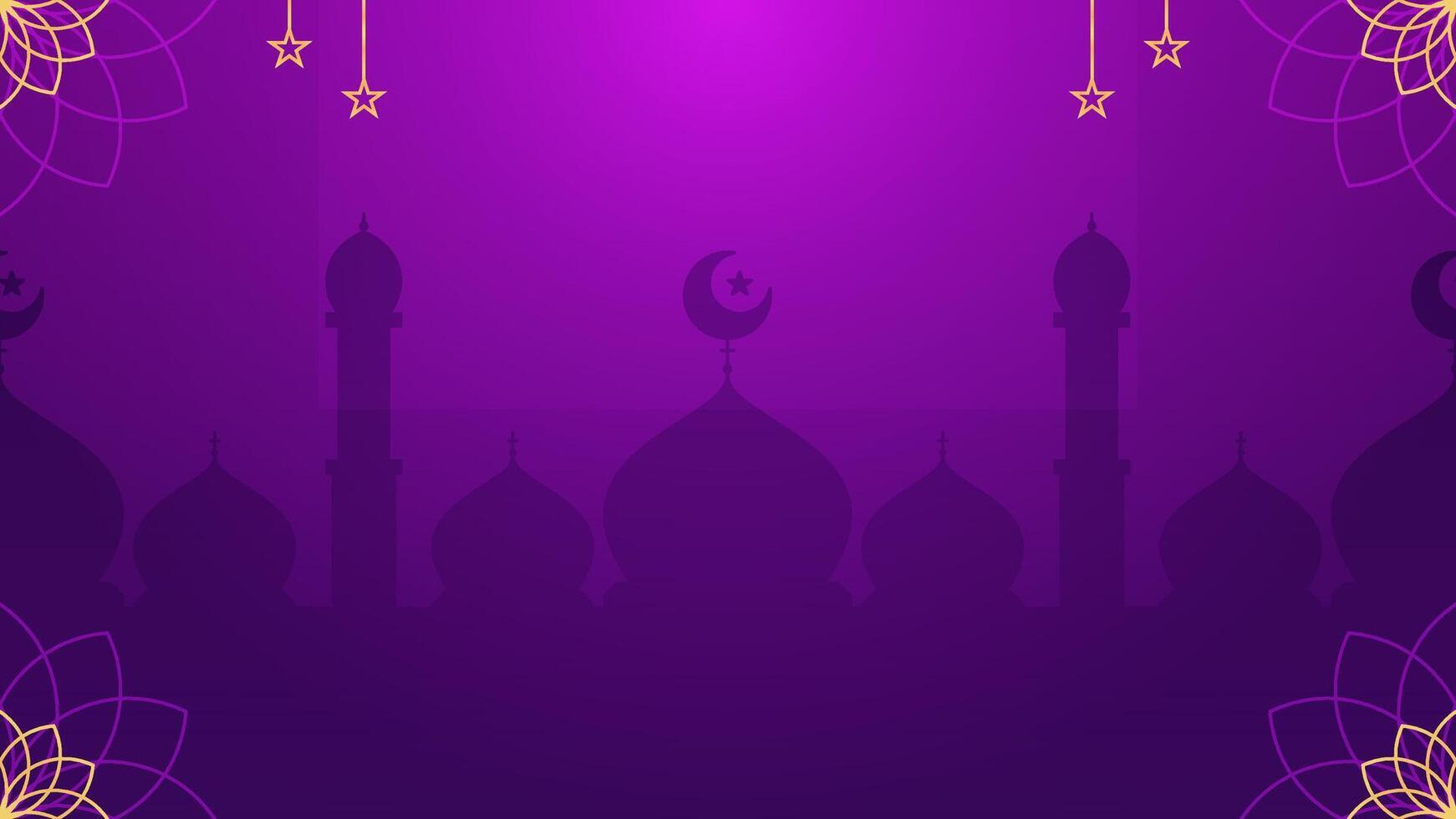 Simple Islamic Vibrant Gradient Violet Purple Horizontal Background with Crescent Moon Gold Star Decorations and Mosque Silhouettes vector