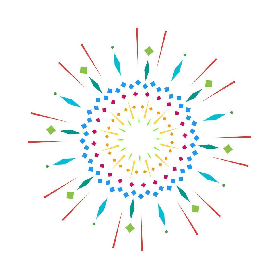 Firecracker inspired colorful flare with spark rays. Radiant explosion design featuring a vibrant sunburst. Abstract graphic isolated on a white background vector