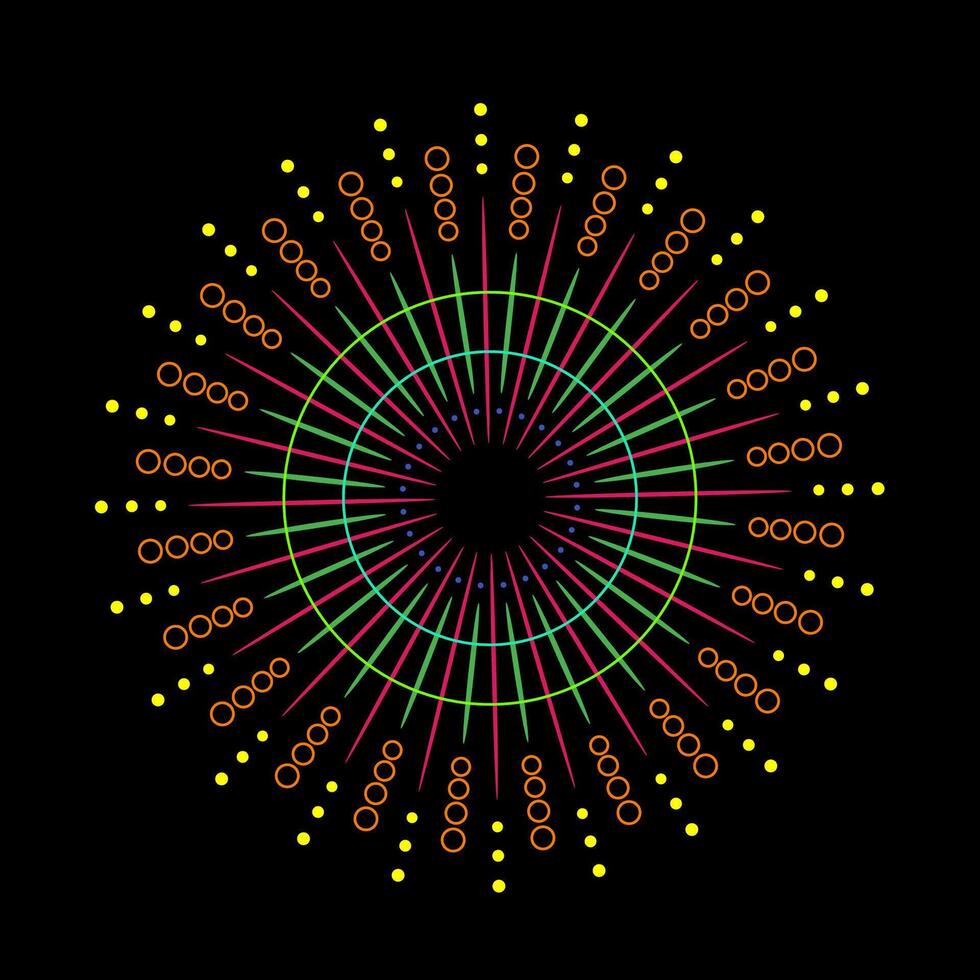 Radiant firework burst with colorful spark rays on black background. Abstract sunburst graphic featuring light flash and explosion. Circular flare design with shining sparks vector