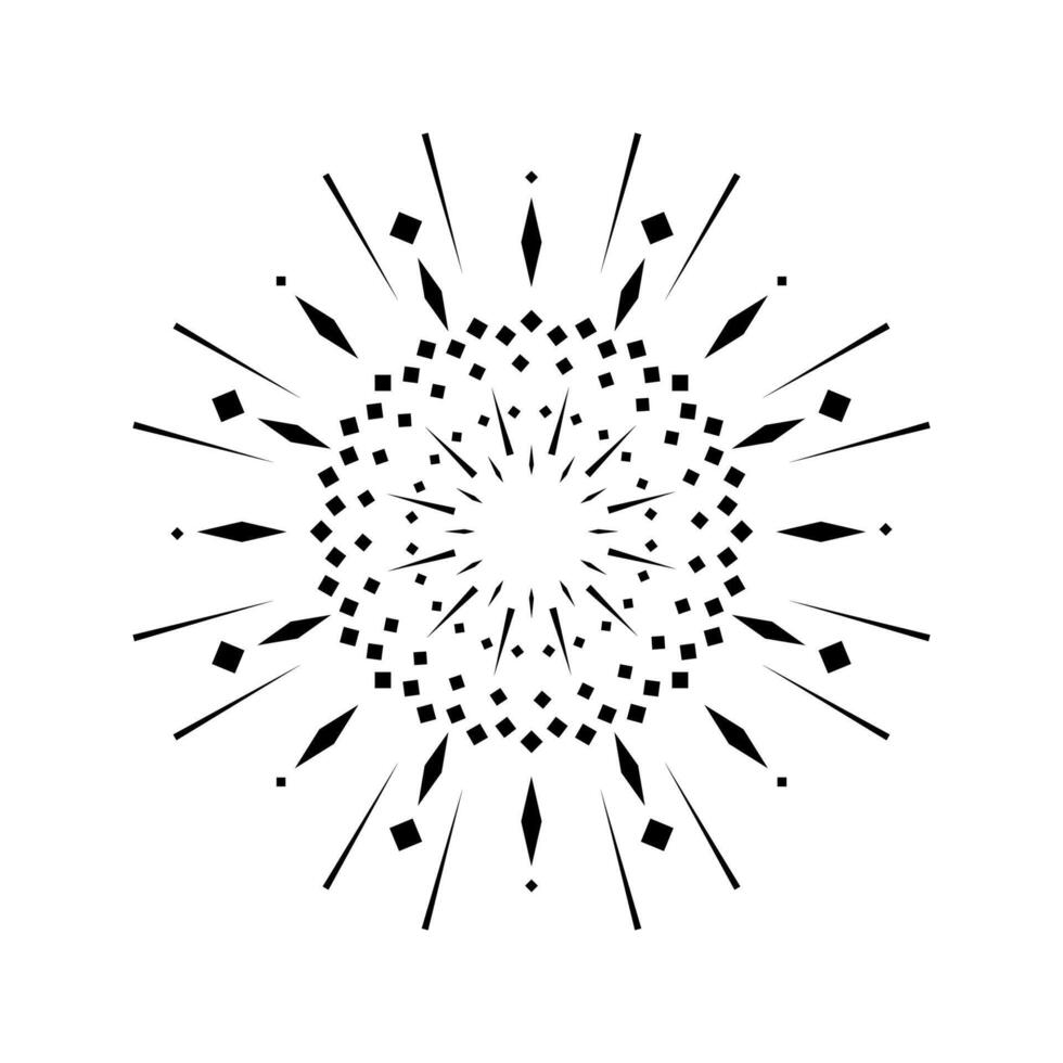 Abstract sunburst flare with firework-inspired spark design. Light outbreak with radiant circle rays. Firecracker explosion element in a clean black and white isolated style vector