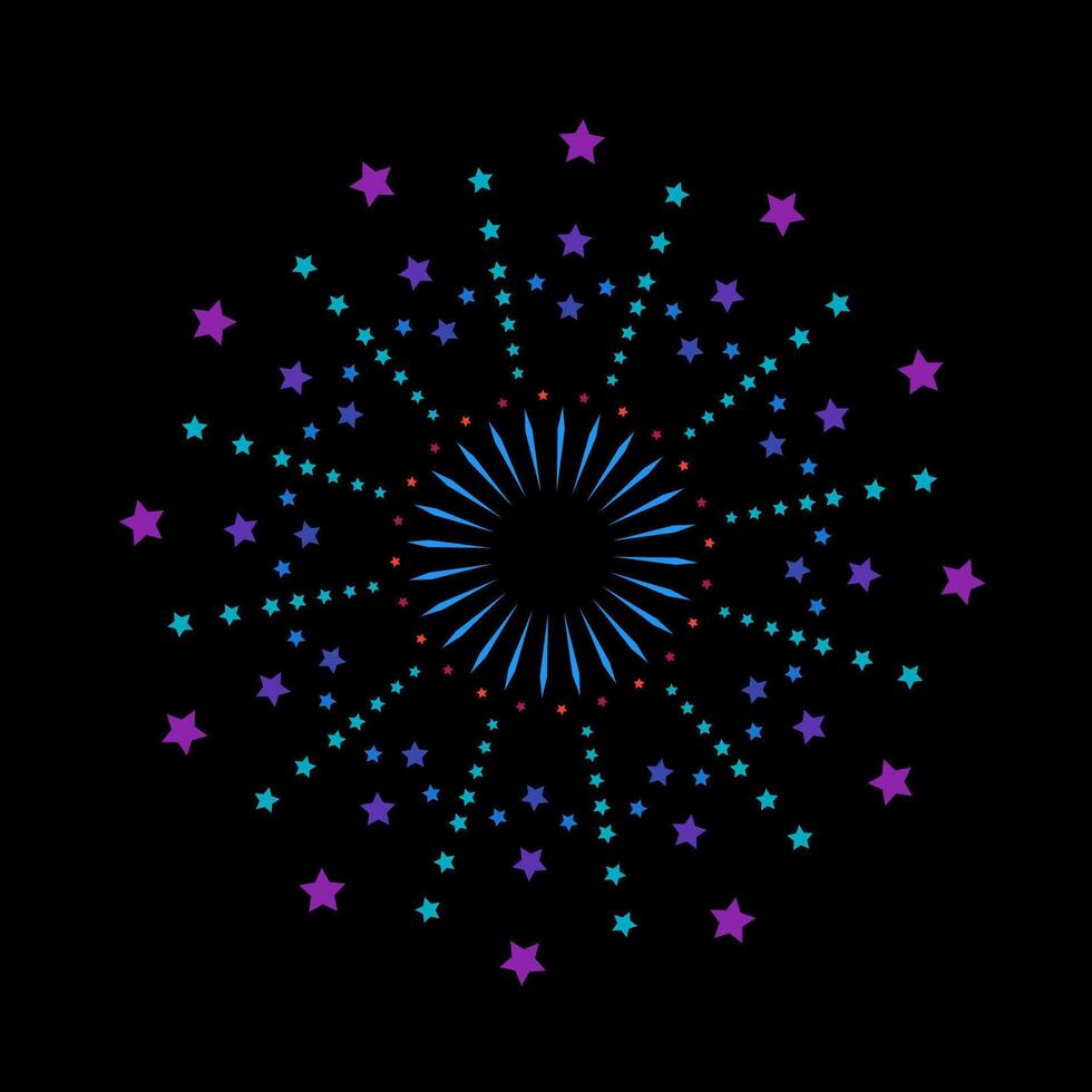 Colorful spark explosion with radiant light burst. Firework inspired flare outbreak showing shining sunrays. Abstract sunburst graphic on black background vector