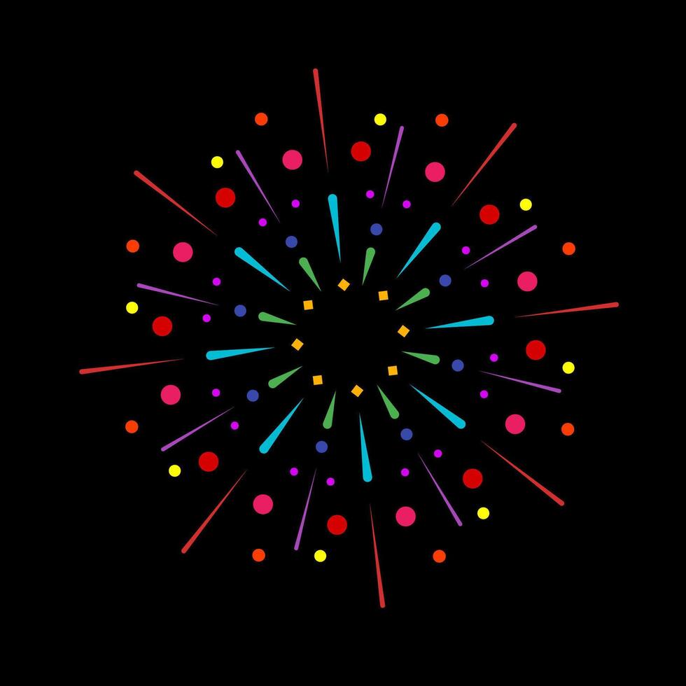 Vivid firework outbreak with radiant spark flare. Abstract explosion graphic with colorful sunburst rays. Shining banger design isolated on black background vector