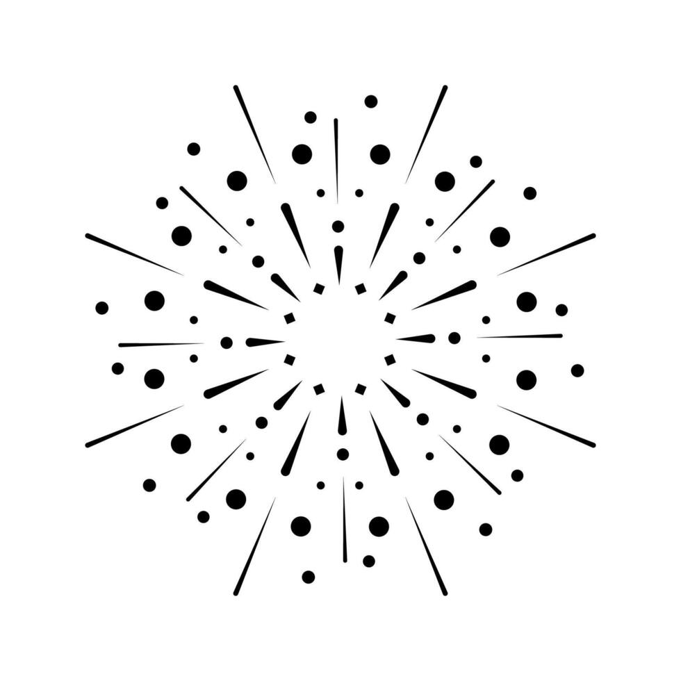 Firework burst with radiant sparkle ray design. Abstract sunrays and light explosion. Firecracker sparks with circular shine element. Isolated black icon on white background vector