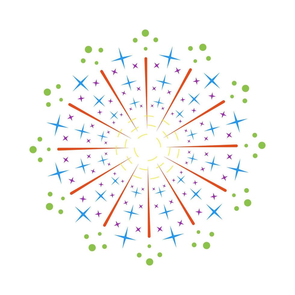 Radiant sunburst flare with vibrant fireworks-inspired sparks. Circular burst showing colorful explosion effect. Bright icon isolated on white background vector