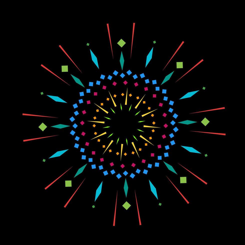Colorful fireworks spark burst with radiant light. Abstract outburst flare inspired by firecracker explosion on black background. Shining sunray graphic design element vector