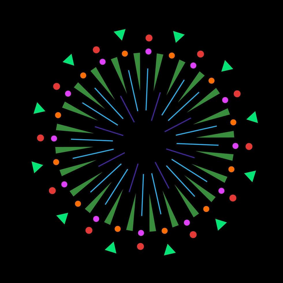 Vibrant firework explosion with radiant spark rays. Abstract light flash and burst icon with a colorful sunburst effect on black background vector