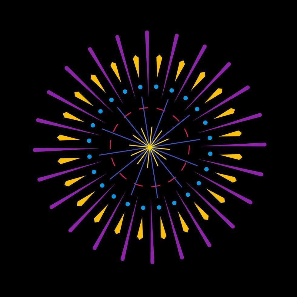 Colorful banger flare with radiant sunrays. Firecracker spark outburst design showing light explosion. Abstract fireworks inspired burst graphic on dark backdrop vector