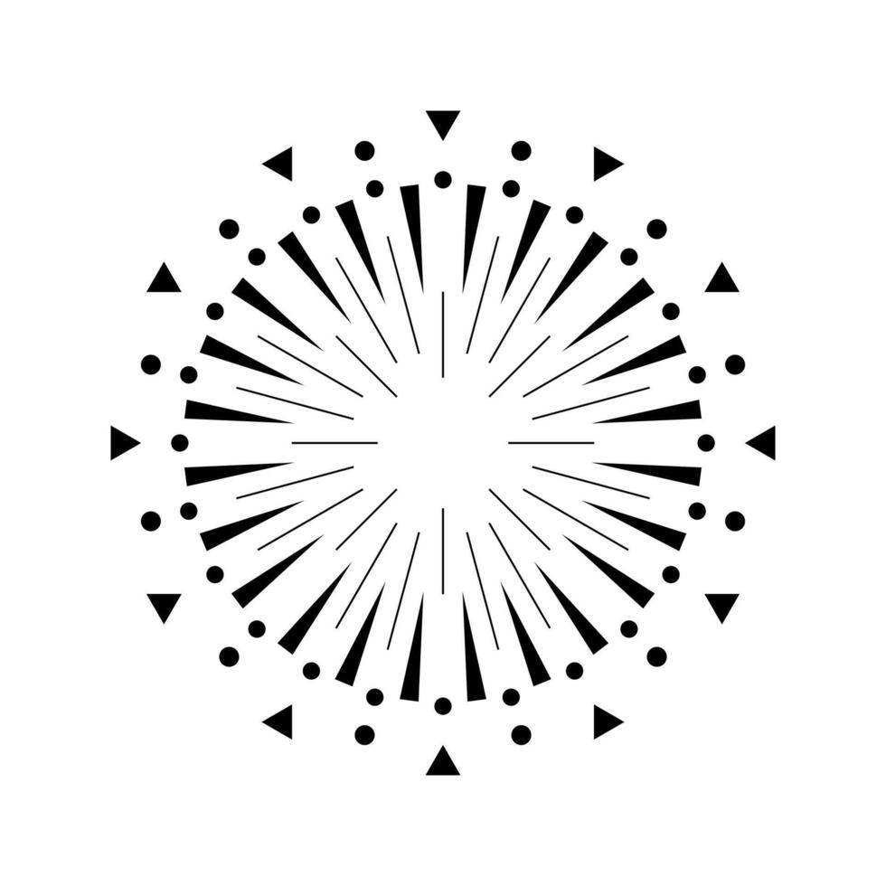 Firework outburst graphic with flare rays. Circular explosion design featuring sparks and radiant lines. Sunlight burst or fireworks inspired icon. Black and white minimalistic concept vector