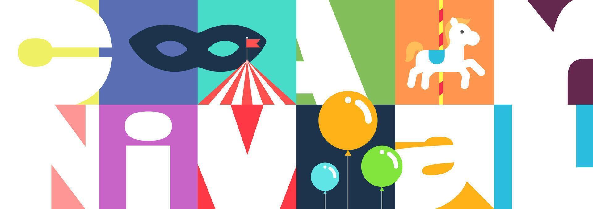Creative geometric carnival flyer with bold typography. Colorful amusement park horizontal banner with carousel, circus tent, balloons and festive mask. Funfair celebration billboard. Party invitation vector