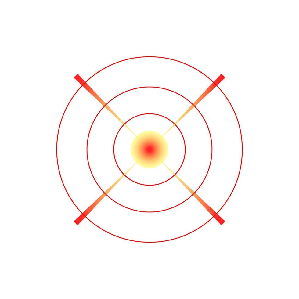 Pain localization icon in red circle. Sore spot symbol for body ache. Hurt region mark. Targeted pain sign used in medical and advertisement designs vector