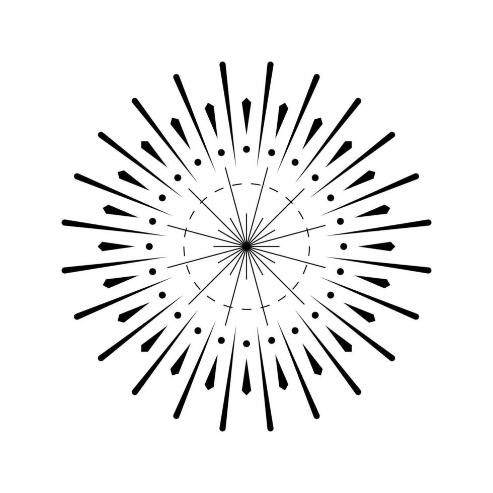 Sunburst graphic featuring firework spark outburst. Radiant light explosion with circular flare design. Firecracker inspired icon in black and white isolated form vector