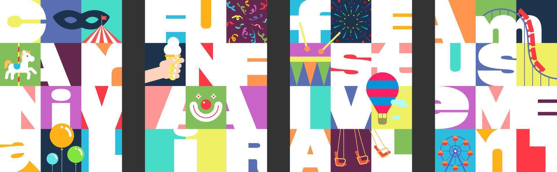 Vibrant amusement park poster set with Ferris wheel, circus tent, hot air balloon and fireworks. Colorful carnival funfair designs featuring ice cream and carousel. Modern festival graphic placards vector
