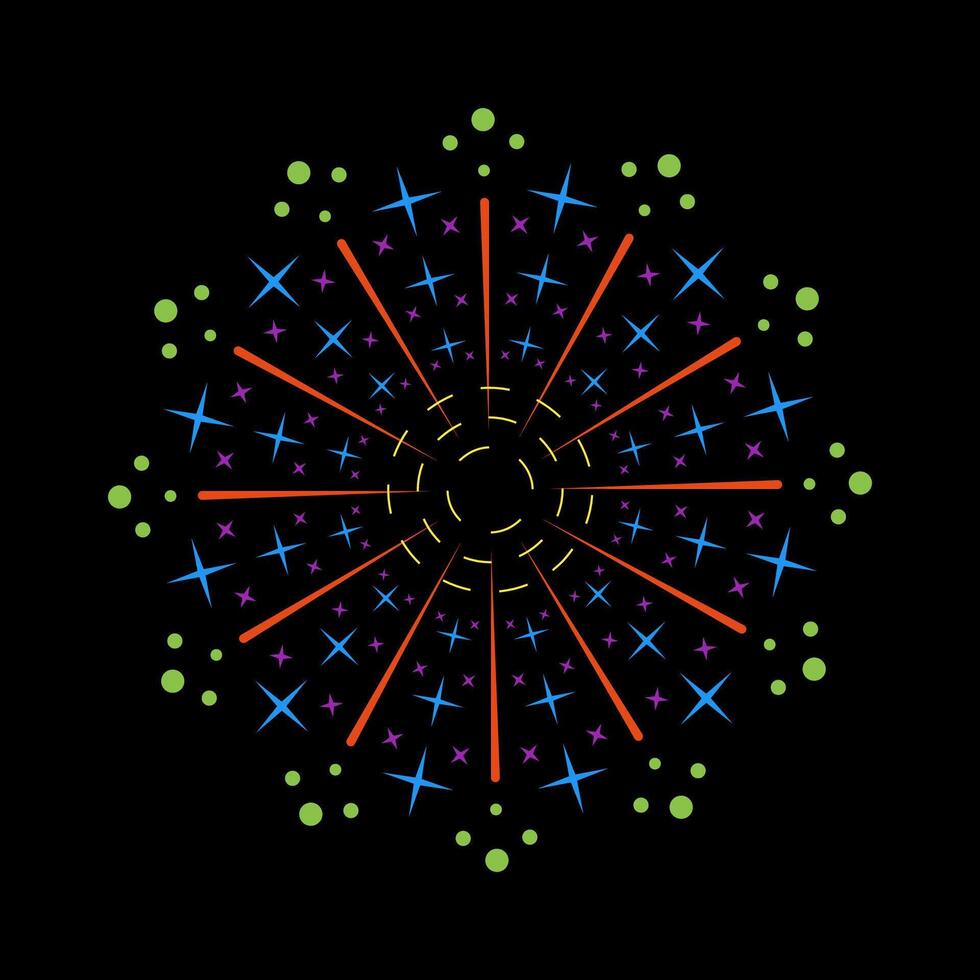 Firecracker inspired spark outbreak featuring radiant colorful light. Circular burst flare with shining fireworks effect. Abstract design on black background vector
