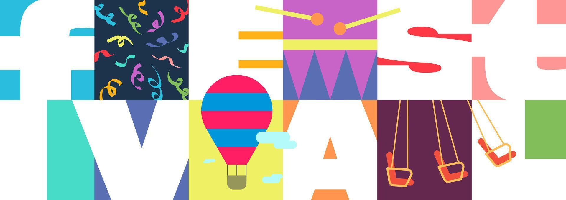 Vibrant festival text horizontal banner. Amusement park trendy modern invitation. Carnival funfair creative flyer with hot air balloon, confetti, drum and carousel. Simple fest billboard design vector