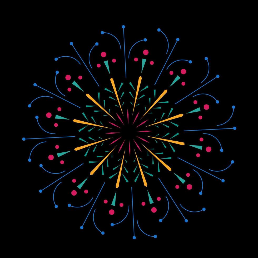 Bright flare outbreak with fireworks sparks. Radiant circular explosion featuring colorful light rays. Abstract sunburst design on black background vector