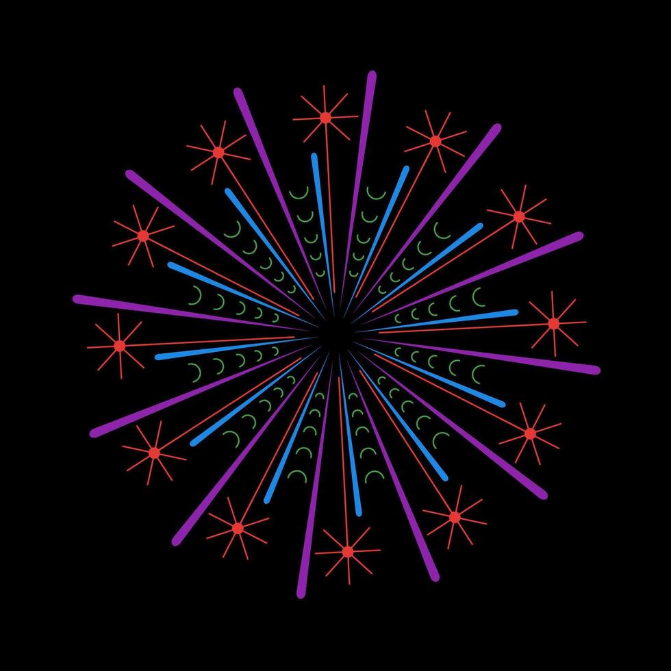 Bright fireworks outburst with vivid sparkle rays. Abstract light explosion inspired by sunrays. Vibrant banger icon on black background with circular flare design vector