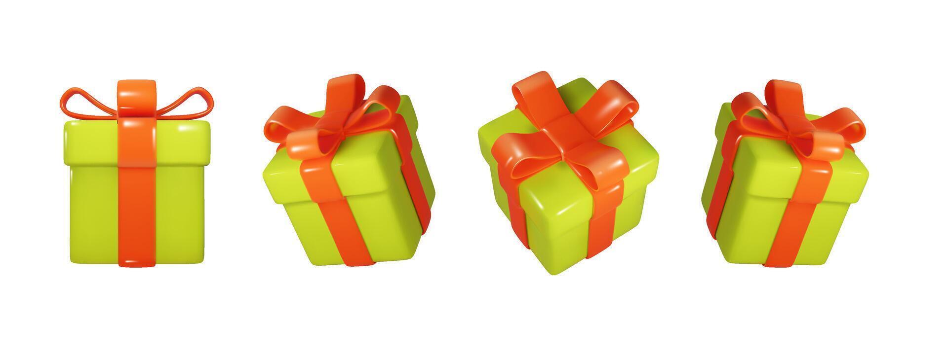 Christmas box green with red ribbon in different projections isolated. Realistic Festive, holiday, Christmas 3d present vector