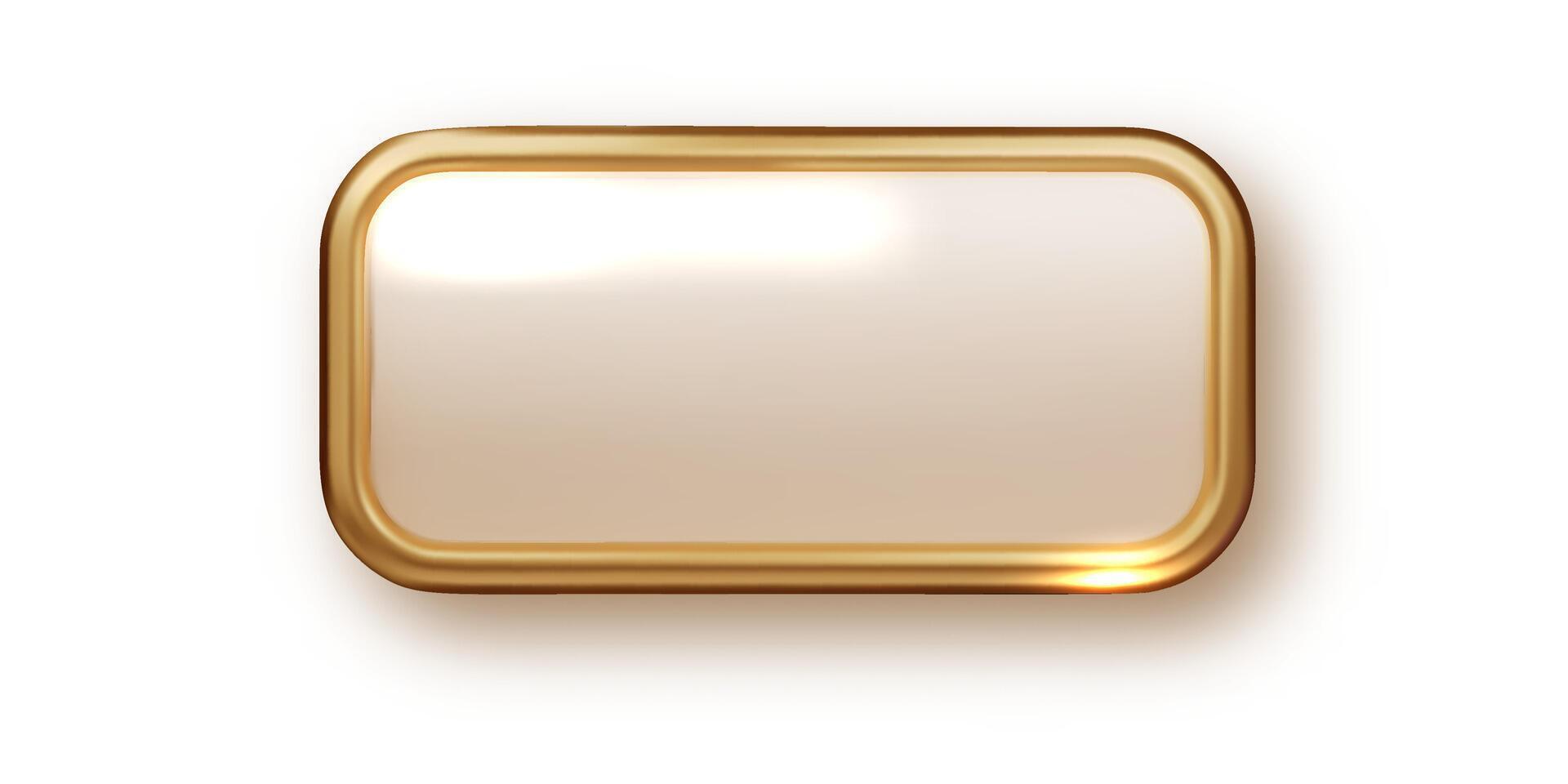 Gold 3d rectangle button isolated on white background. Glossy golden metallic shape. 3D realistic shiny icon vector
