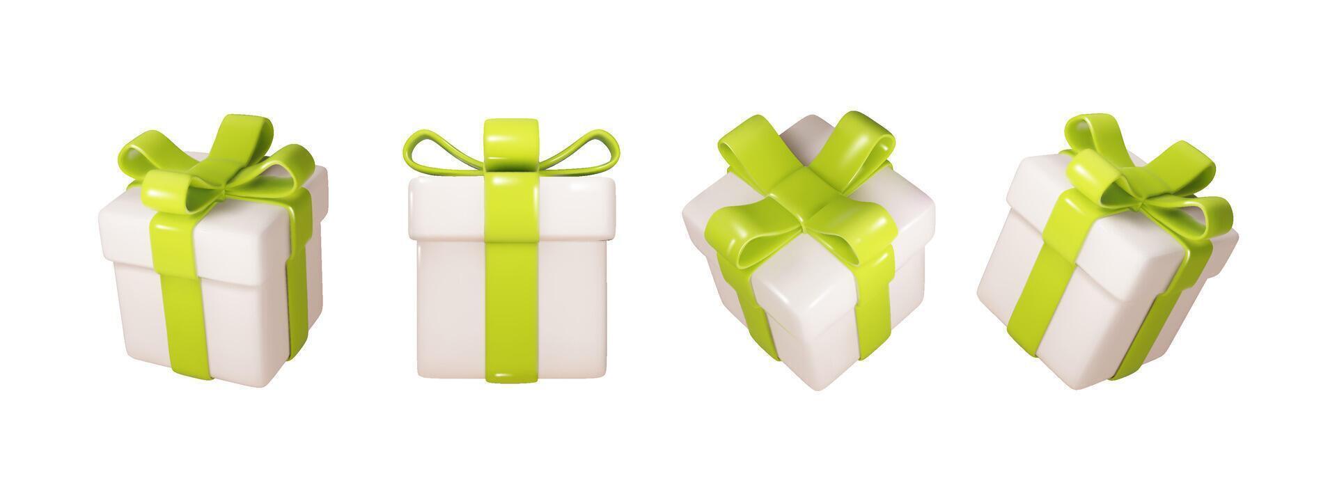 Christmas box with green ribbon in different projections isolated. Realistic Festive, holiday, Christmas 3d present vector