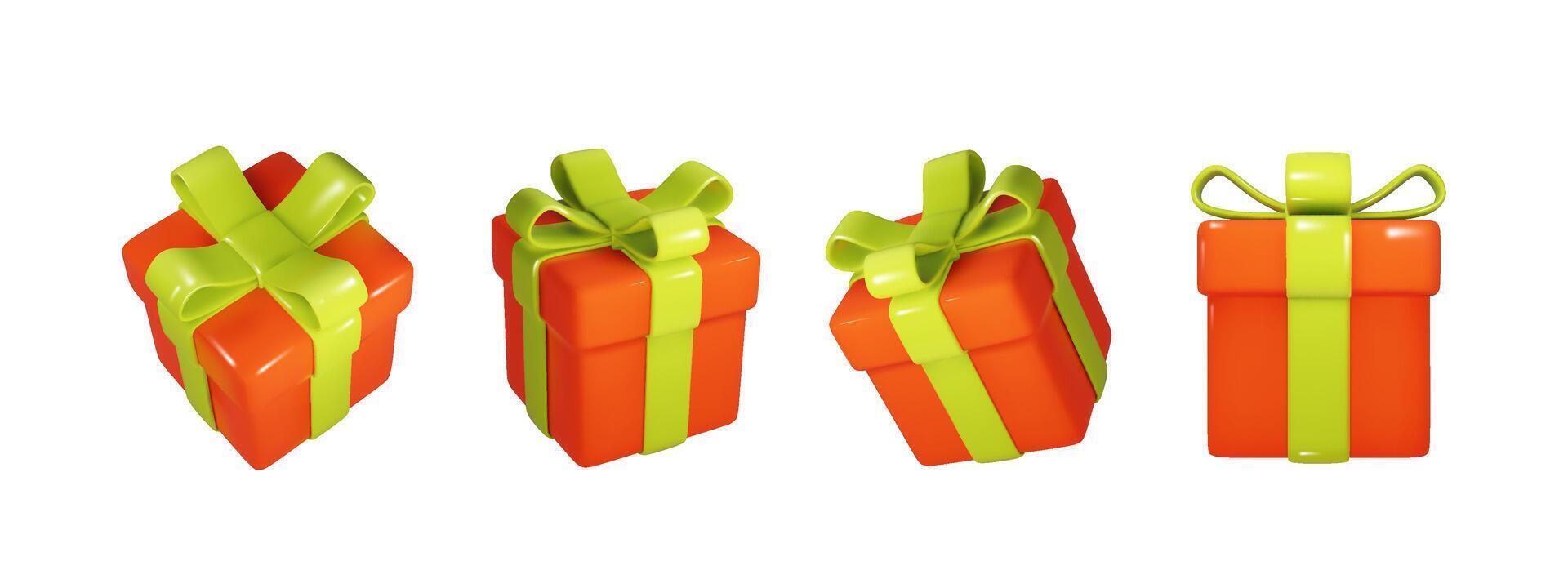 Christmas box red with green ribbon in different projections isolated. Realistic Festive, holiday, Christmas 3d present vector