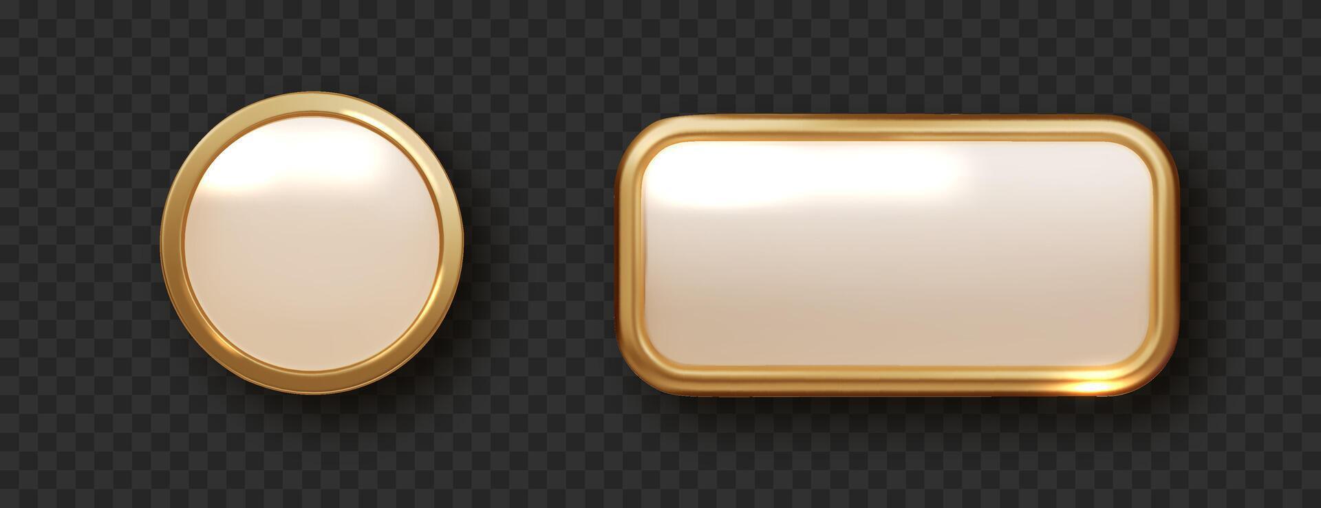 Golden button isolated. Realistic banner with golden frame. Isolated 3d design element, golden glossy label. vector